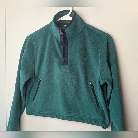 TNA ARITZIA CROP Sweater Size 2XS Green And Navy Blue Color Zipped Pockets - Picture 1 of 12